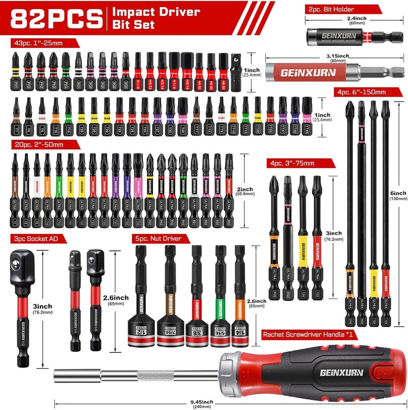 GEINXURN Impact Screwdriver Bits Set, Magnetic S2 Steel Phillips/Square/Torx/Hex 82Pieces Insert Power Bits Tips with Impact Bit Holder and Impact Nut Driver and Rachet Screwdriver Handle - Image 2